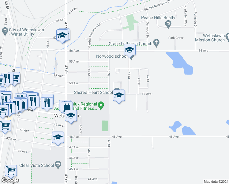map of restaurants, bars, coffee shops, grocery stores, and more near 4504 52 Avenue in Wetaskiwin