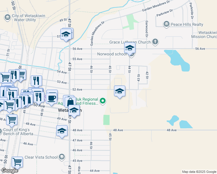 map of restaurants, bars, coffee shops, grocery stores, and more near 4504 52 Avenue in Wetaskiwin