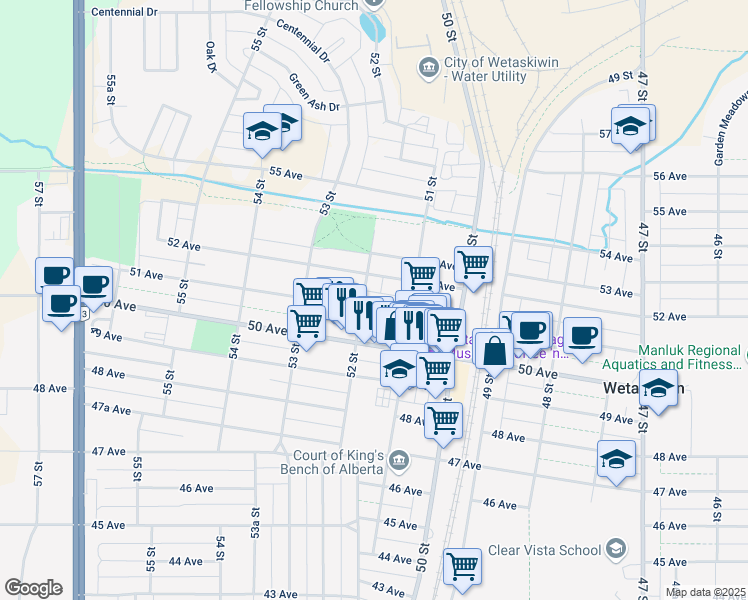 map of restaurants, bars, coffee shops, grocery stores, and more near 5114 51 Avenue in Wetaskiwin