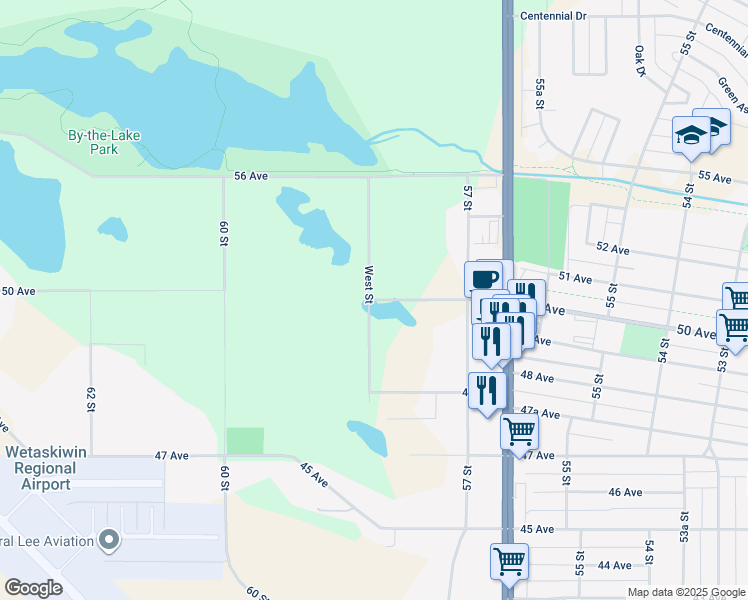 map of restaurants, bars, coffee shops, grocery stores, and more near 5715 50 Avenue in Wetaskiwin
