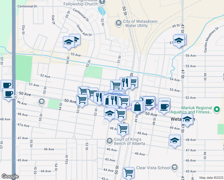 map of restaurants, bars, coffee shops, grocery stores, and more near 5108 51 Street in Wetaskiwin