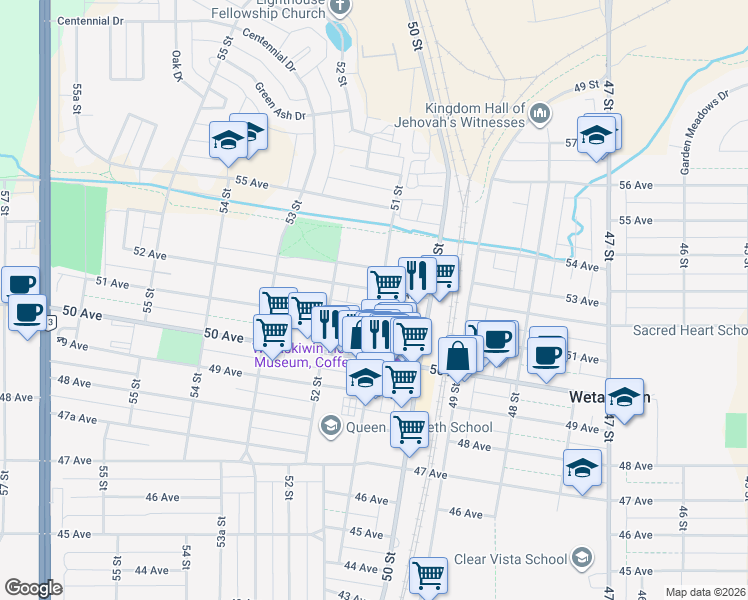 map of restaurants, bars, coffee shops, grocery stores, and more near 5108 51 Street in Wetaskiwin