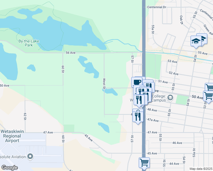map of restaurants, bars, coffee shops, grocery stores, and more near 5715 50 Avenue in Wetaskiwin