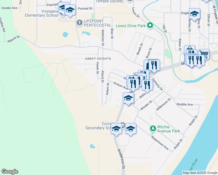 map of restaurants, bars, coffee shops, grocery stores, and more near 536 Adam Street in Quesnel