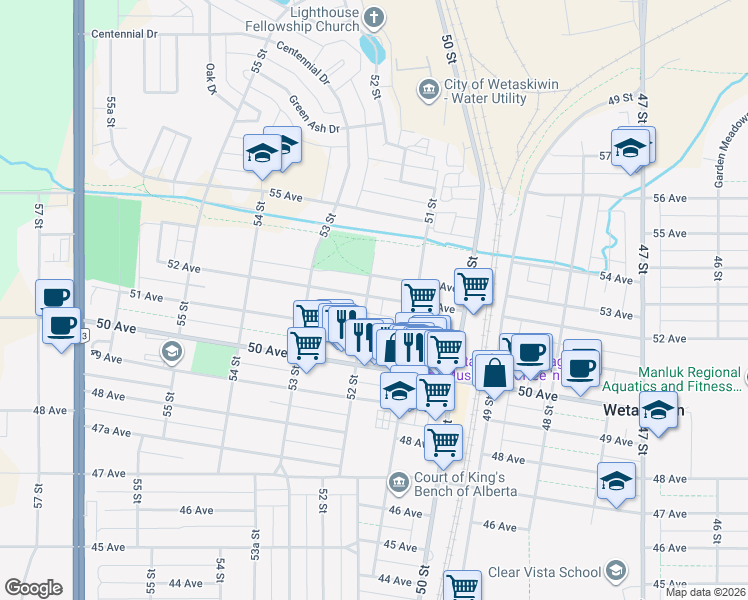 map of restaurants, bars, coffee shops, grocery stores, and more near 5114 51 Avenue in Wetaskiwin