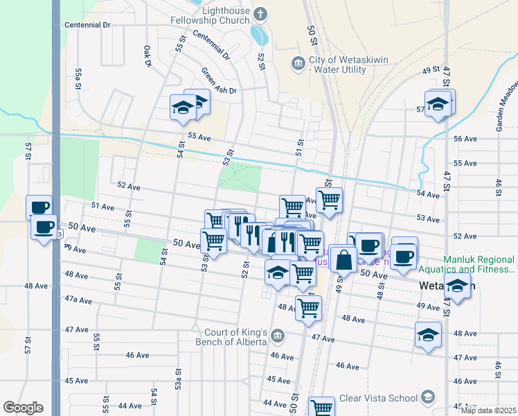 map of restaurants, bars, coffee shops, grocery stores, and more near 5114 51 Avenue in Wetaskiwin