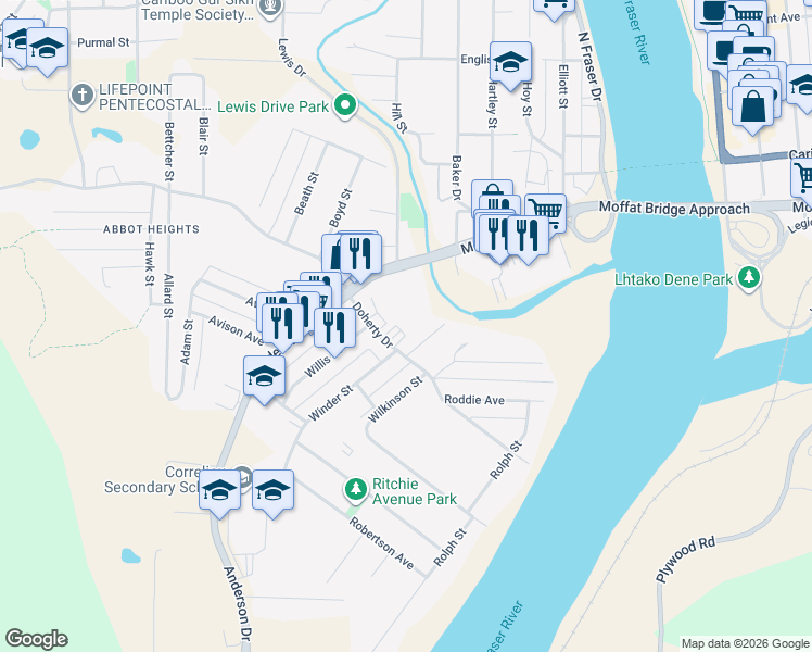 map of restaurants, bars, coffee shops, grocery stores, and more near 525 Doherty Drive in Quesnel