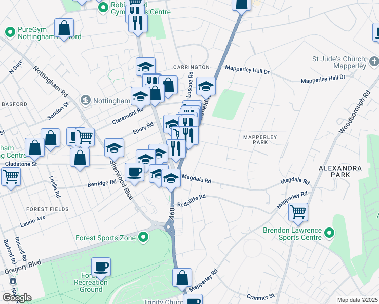 map of restaurants, bars, coffee shops, grocery stores, and more near 312 Mansfield Road in Nottingham