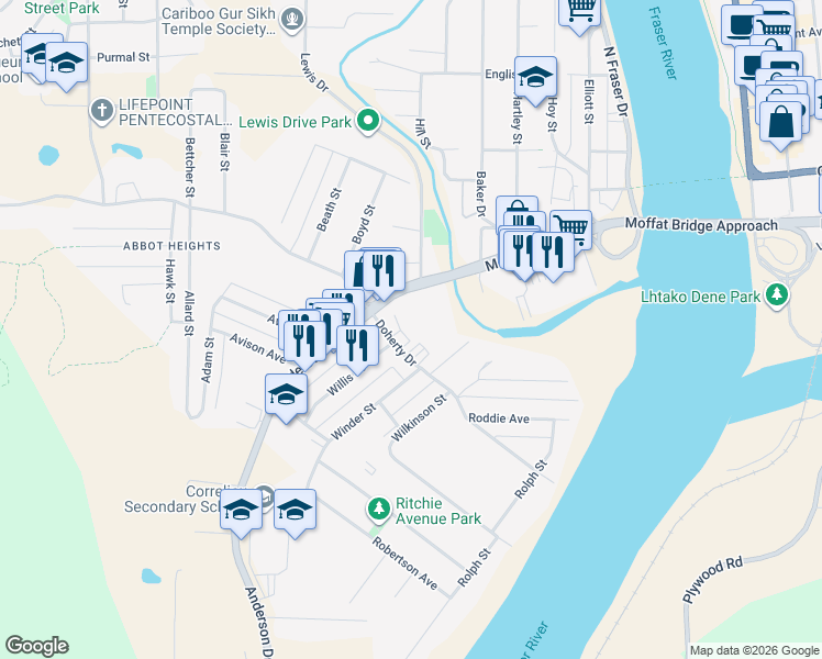 map of restaurants, bars, coffee shops, grocery stores, and more near 575 Doherty Drive in Quesnel