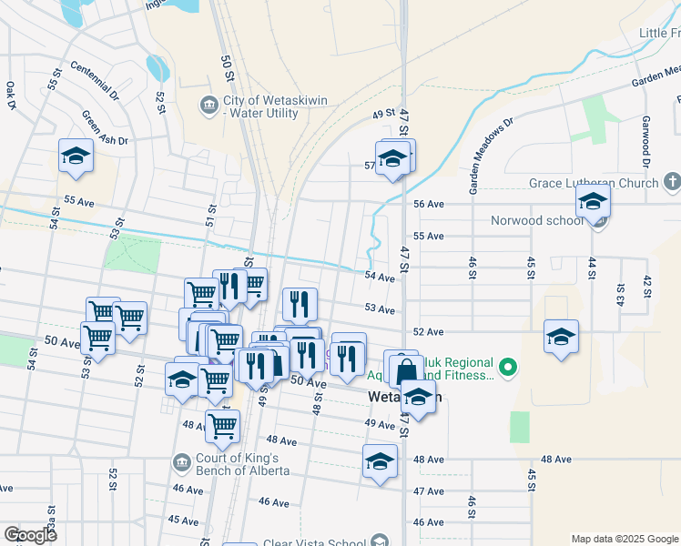 map of restaurants, bars, coffee shops, grocery stores, and more near 4714 54 Ave in Wetaskiwin