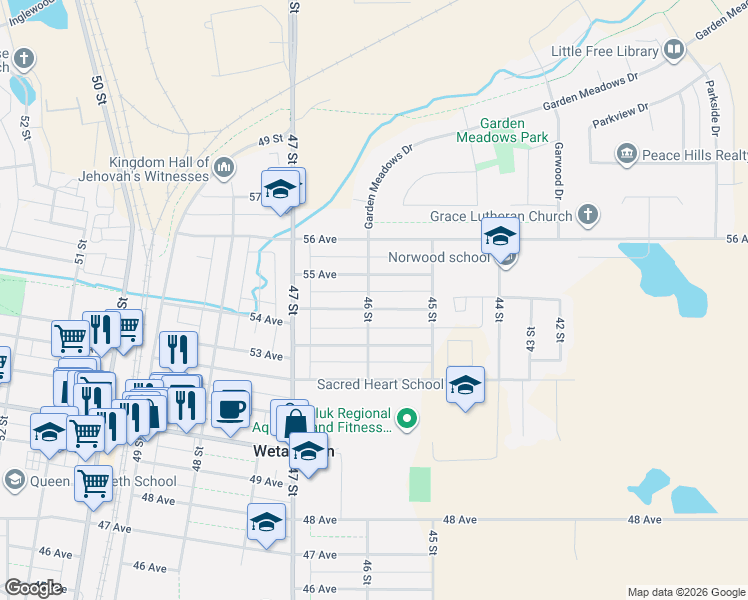 map of restaurants, bars, coffee shops, grocery stores, and more near 4520 54 Avenue in Wetaskiwin