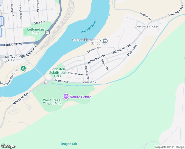 map of restaurants, bars, coffee shops, grocery stores, and more near 1136 Yorston Avenue in Quesnel