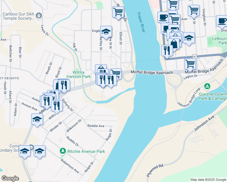 map of restaurants, bars, coffee shops, grocery stores, and more near in Quesnel