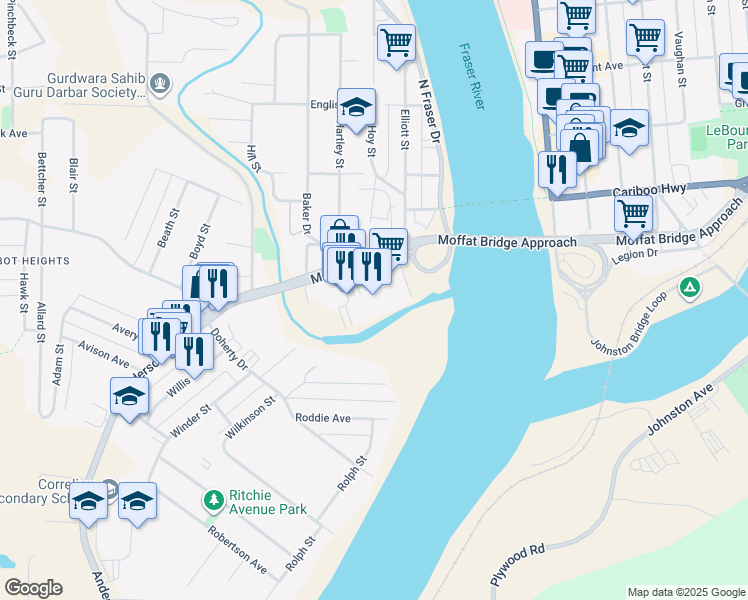 map of restaurants, bars, coffee shops, grocery stores, and more near 155 Malcolm Drive in Quesnel