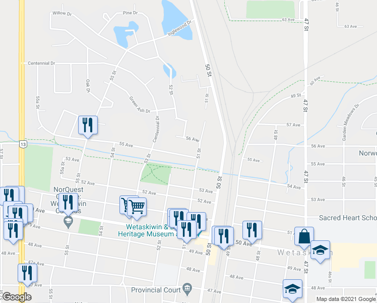 map of restaurants, bars, coffee shops, grocery stores, and more near 5114 55 Avenue in Wetaskiwin