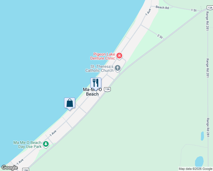 map of restaurants, bars, coffee shops, grocery stores, and more near 513 Alberta 13A in Ma-Me-O Beach