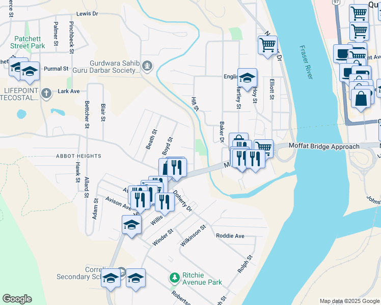 map of restaurants, bars, coffee shops, grocery stores, and more near 171 Lewis Drive in Quesnel