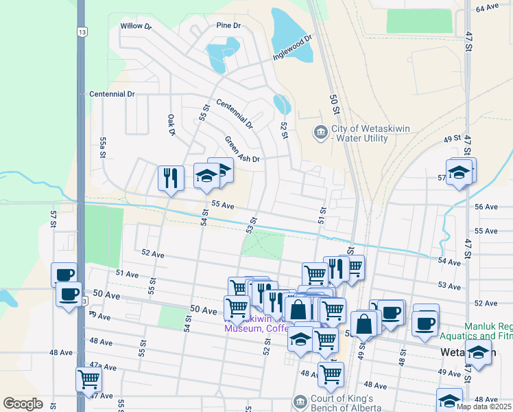 map of restaurants, bars, coffee shops, grocery stores, and more near 5215 55 Avenue in Wetaskiwin