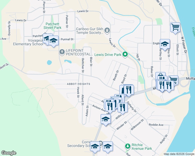 map of restaurants, bars, coffee shops, grocery stores, and more near 951 Abbott Drive in Quesnel