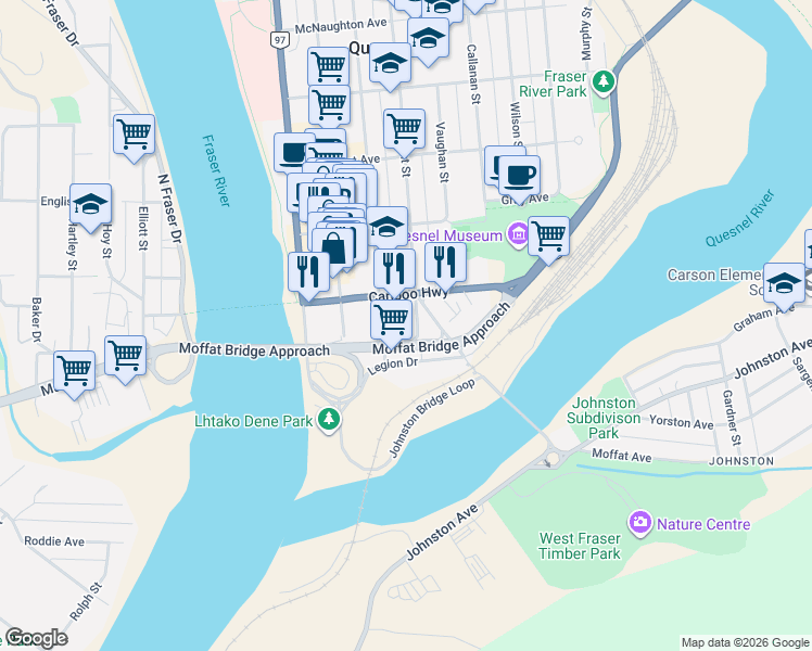 map of restaurants, bars, coffee shops, grocery stores, and more near 163 Kinchant Street in Quesnel