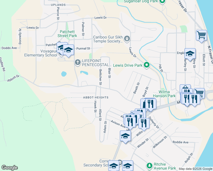 map of restaurants, bars, coffee shops, grocery stores, and more near Blair Street in Quesnel