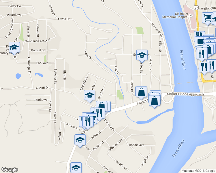 map of restaurants, bars, coffee shops, grocery stores, and more near 258 Boyd Street in Quesnel
