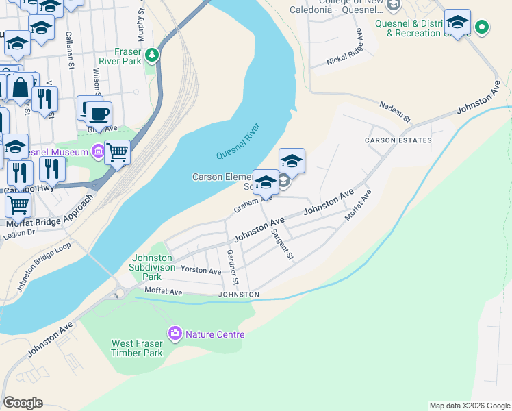 map of restaurants, bars, coffee shops, grocery stores, and more near 121 Sargent Street in Quesnel