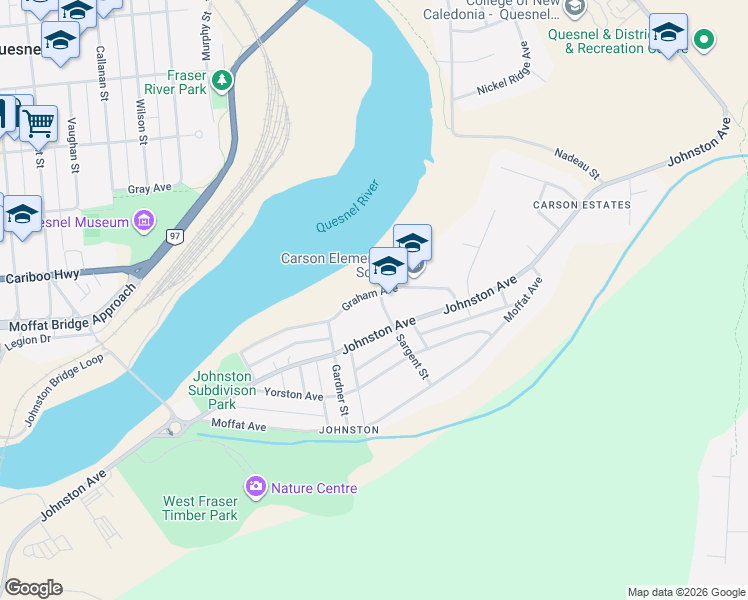 map of restaurants, bars, coffee shops, grocery stores, and more near 121 Sargent Street in Quesnel