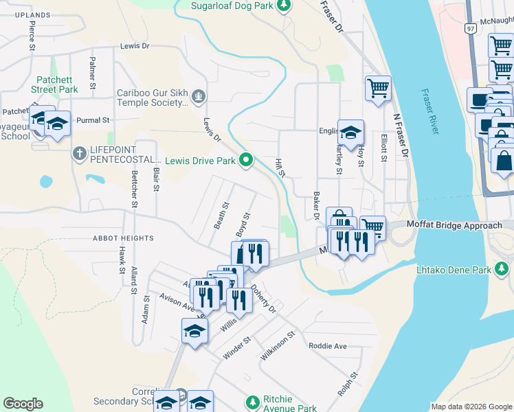 map of restaurants, bars, coffee shops, grocery stores, and more near 258 Boyd Street in Quesnel