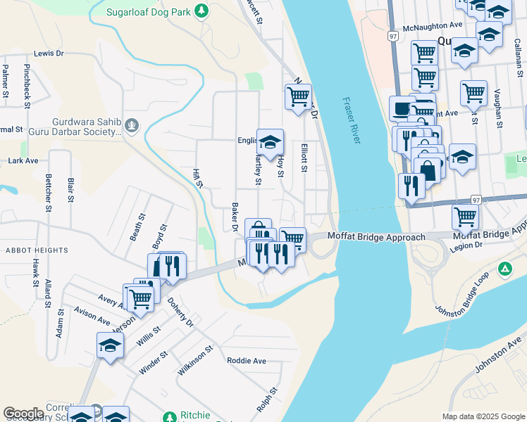 map of restaurants, bars, coffee shops, grocery stores, and more near 268 Hartley Street in Quesnel