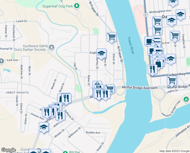 map of restaurants, bars, coffee shops, grocery stores, and more near 265 Hartley Street in Quesnel