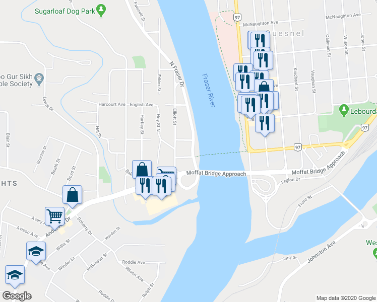 map of restaurants, bars, coffee shops, grocery stores, and more near 111 North Fraser Drive in Quesnel