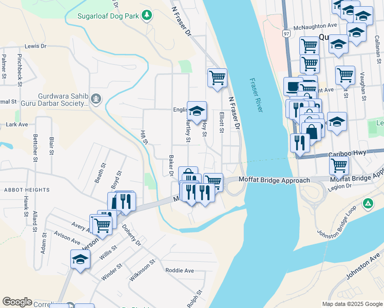 map of restaurants, bars, coffee shops, grocery stores, and more near 288 Hartley Street in Quesnel