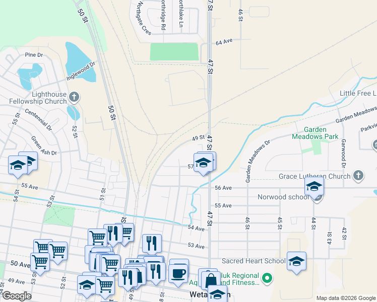 map of restaurants, bars, coffee shops, grocery stores, and more near 5714 47 Street in Wetaskiwin