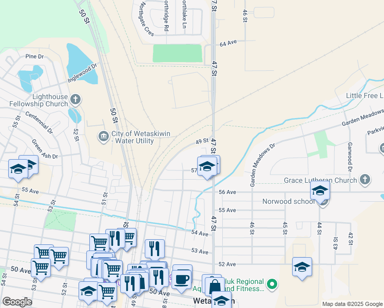 map of restaurants, bars, coffee shops, grocery stores, and more near 4724 57 Avenue in Wetaskiwin