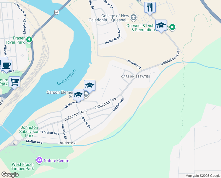 map of restaurants, bars, coffee shops, grocery stores, and more near 124 Leonard Street in Quesnel