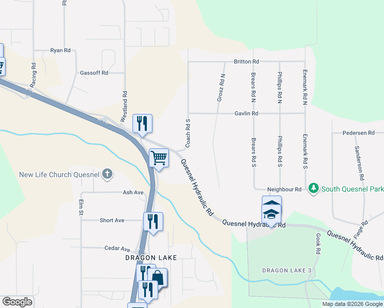 map of restaurants, bars, coffee shops, grocery stores, and more near 182 Coach Road South in Quesnel
