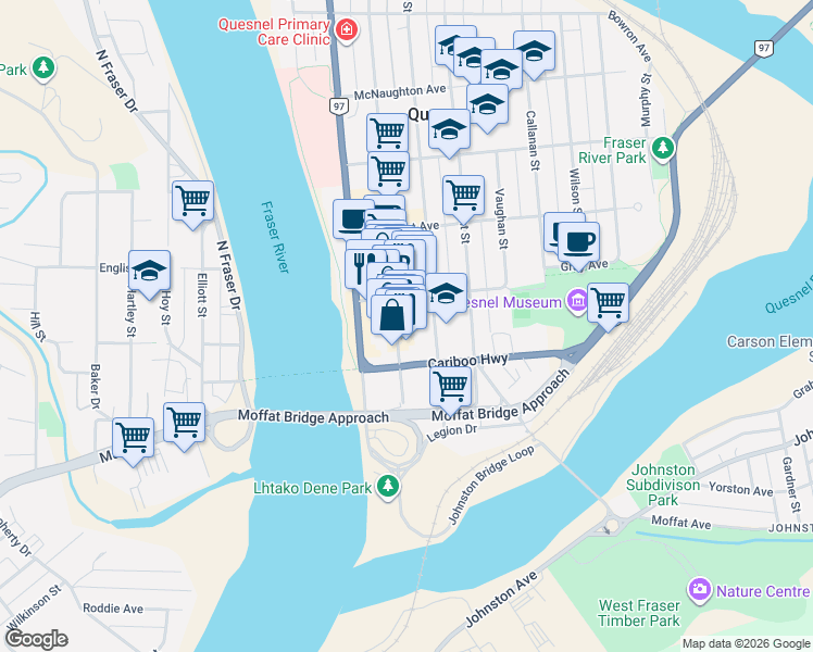 map of restaurants, bars, coffee shops, grocery stores, and more near 260 Reid Street in Quesnel