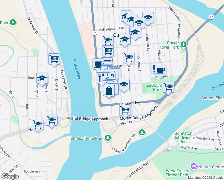 map of restaurants, bars, coffee shops, grocery stores, and more near 276 Reid Street in Quesnel