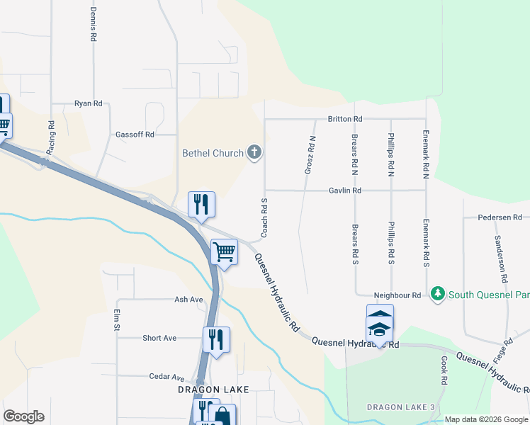 map of restaurants, bars, coffee shops, grocery stores, and more near 134 Coach Road in Quesnel