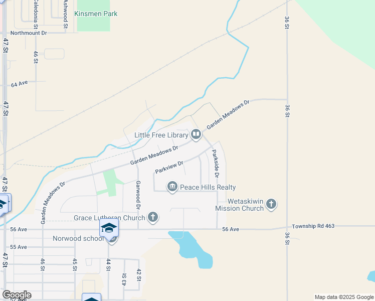 map of restaurants, bars, coffee shops, grocery stores, and more near 477 Garden Meadows Drive in Wetaskiwin