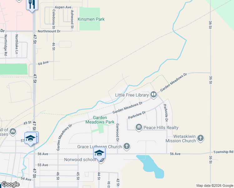 map of restaurants, bars, coffee shops, grocery stores, and more near 101 Cypress Drive in Wetaskiwin