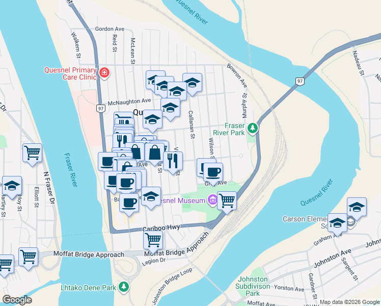 map of restaurants, bars, coffee shops, grocery stores, and more near 425 Callanan Street in Quesnel