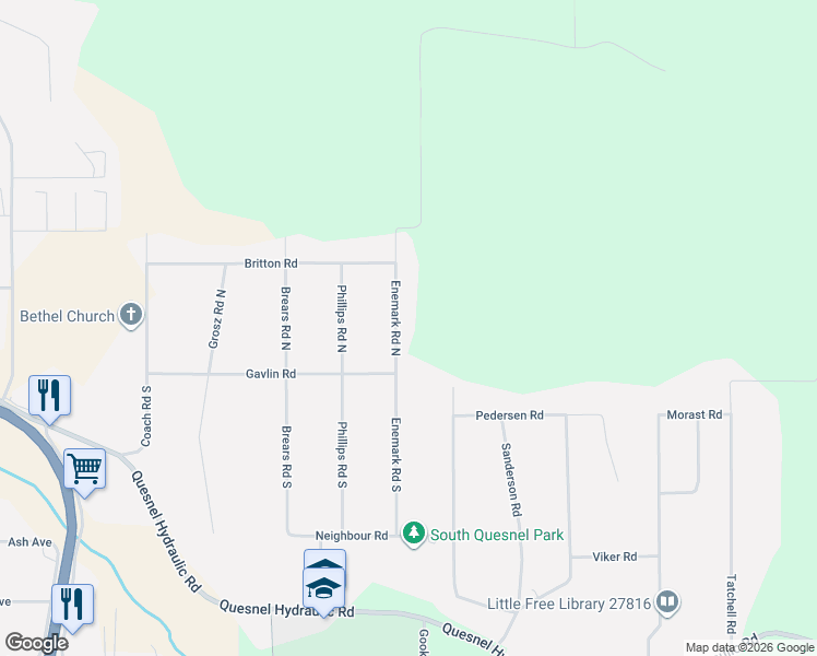 map of restaurants, bars, coffee shops, grocery stores, and more near 144 Enemark Road North in Quesnel