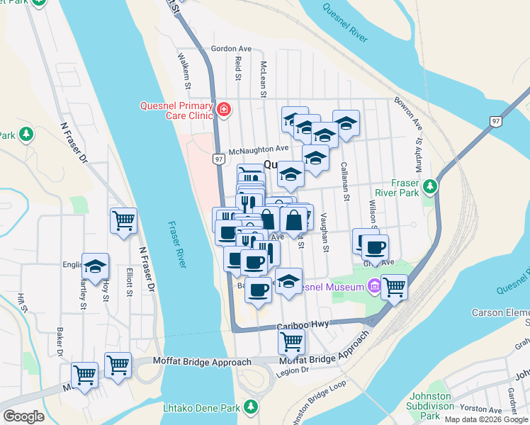 map of restaurants, bars, coffee shops, grocery stores, and more near McLean Street in Quesnel