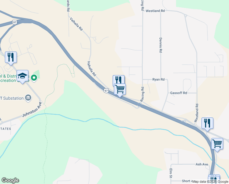 map of restaurants, bars, coffee shops, grocery stores, and more near Valhalla Road in Quesnel