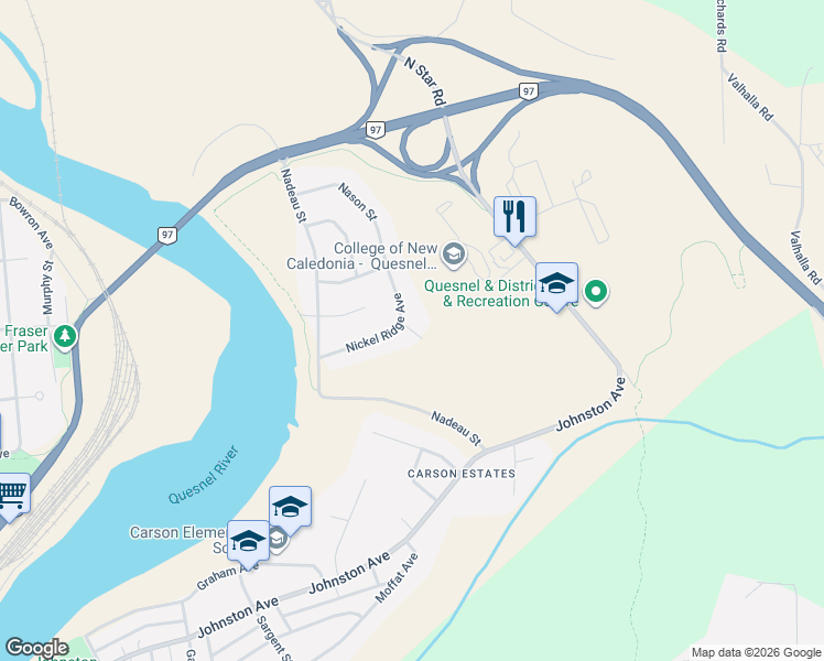 map of restaurants, bars, coffee shops, grocery stores, and more near Novak Street in Quesnel