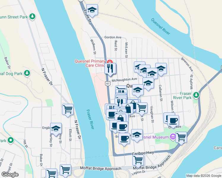 map of restaurants, bars, coffee shops, grocery stores, and more near 558 Front Street in Quesnel
