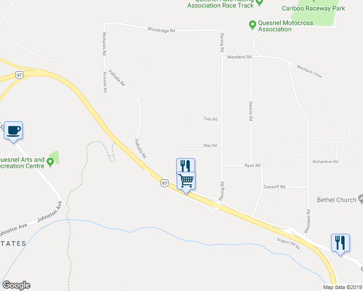 map of restaurants, bars, coffee shops, grocery stores, and more near May Road in Quesnel