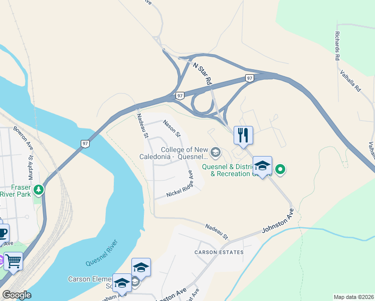 map of restaurants, bars, coffee shops, grocery stores, and more near 510 Nason Street in Quesnel